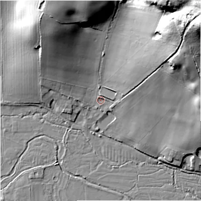 Shaded relief map of the ground around DT27JA, computed from Environment Agency LiDAR. The ground here sits at about 35 m above sea level and falls 48 m across the surrounding 800 m. Surface water reaching this point runs off ground lying to the north-east, 38.0 m higher.