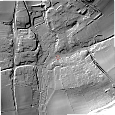 Shaded relief map of the ground around DT27JF, computed from Environment Agency LiDAR. The ground here sits at about 117 m above sea level and falls 54 m across the surrounding 800 m. Surface water reaching this point runs off ground lying to the north-north-east, 27.6 m higher.