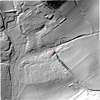 Shaded relief map of the ground around DT27JG, computed from Environment Agency LiDAR. The ground here sits at about 119 m above sea level and falls 57 m across the surrounding 800 m. Surface water reaching this point runs off ground lying to the south-east, 52.4 m higher.