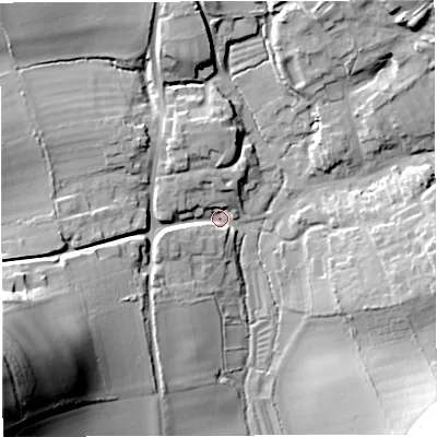 Shaded relief map of the ground around DT27JR, computed from Environment Agency LiDAR. The ground here sits at about 116 m above sea level and falls 57 m across the surrounding 800 m. Surface water reaching this point runs off ground lying to the west-south-west, 53.9 m higher.