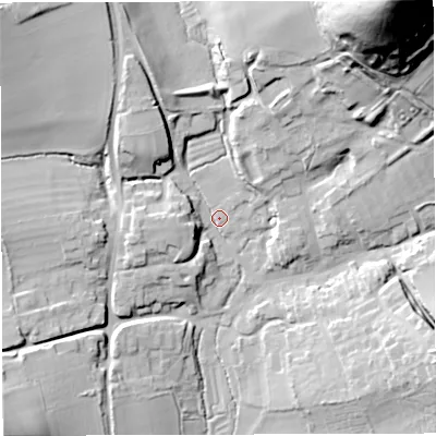 Shaded relief map of the ground around DT27LA, computed from Environment Agency LiDAR. The ground here sits at about 117 m above sea level and falls 82 m across the surrounding 800 m. Surface water reaching this point runs off ground lying to the north-east, 79.0 m higher.