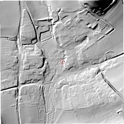 Shaded relief map of the ground around DT27LB, computed from Environment Agency LiDAR. The ground here sits at about 117 m above sea level and falls 68 m across the surrounding 800 m. Surface water reaching this point runs off ground lying to the north, 7.6 m higher.