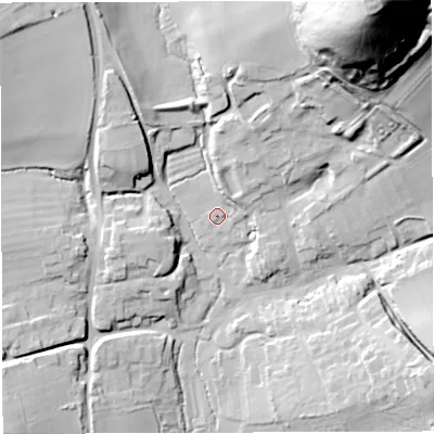 Shaded relief map of the ground around DT27LS, computed from Environment Agency LiDAR. The ground here sits at about 118 m above sea level and falls 84 m across the surrounding 800 m. Surface water reaching this point runs off ground lying to the north-east, 7.9 m higher.