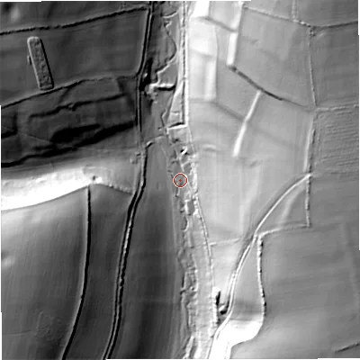 Shaded relief map of the ground around DT27LT, computed from Environment Agency LiDAR. The ground here sits at about 81 m above sea level and falls 49 m across the surrounding 800 m. Surface water reaching this point runs off ground lying to the north-east, 45.3 m higher.