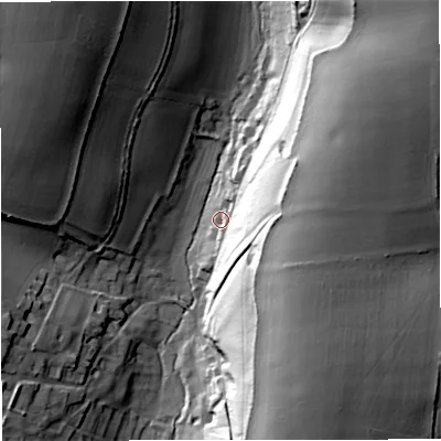 Shaded relief map of the ground around DT27LZ, computed from Environment Agency LiDAR. The ground here sits at about 79 m above sea level and falls 44 m across the surrounding 800 m. Surface water reaching this point runs off ground lying to the east, 35.7 m higher.