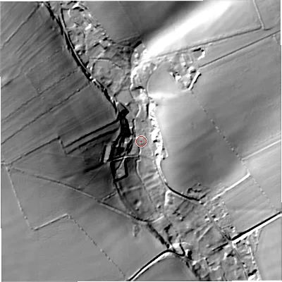 Shaded relief map of the ground around DT27NJ, computed from Environment Agency LiDAR. The ground here sits at about 95 m above sea level and falls 46 m across the surrounding 800 m. Surface water reaching this point runs off ground lying to the north-east, 40.3 m higher.