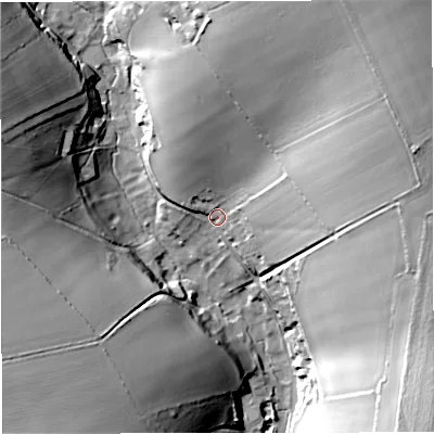 Shaded relief map of the ground around DT27NL, computed from Environment Agency LiDAR. The ground here sits at about 98 m above sea level and falls 45 m across the surrounding 800 m. Surface water reaching this point runs off ground lying to the north-east, 35.0 m higher.