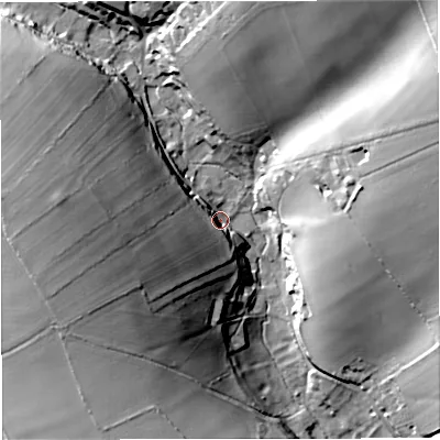 Shaded relief map of the ground around DT27NP, computed from Environment Agency LiDAR. The ground here sits at about 98 m above sea level and falls 44 m across the surrounding 800 m. Surface water reaching this point runs off ground lying to the west-south-west, 25.1 m higher.