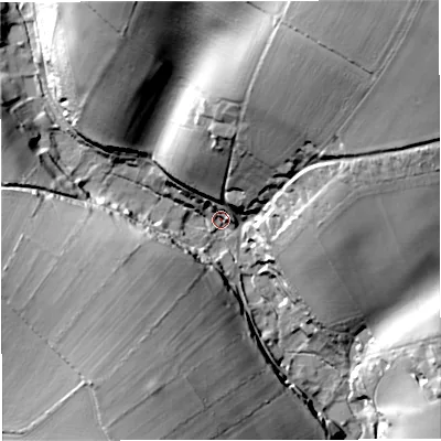 Shaded relief map of the ground around DT27NT, computed from Environment Agency LiDAR. The ground here sits at about 101 m above sea level and falls 53 m across the surrounding 800 m. Surface water reaching this point runs off ground lying to the north-north-east, 33.0 m higher.