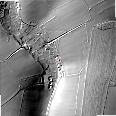 Shaded relief map of the ground around DT27NW, computed from Environment Agency LiDAR. The ground here sits at about 95 m above sea level and falls 44 m across the surrounding 800 m. Surface water reaching this point runs off ground lying to the north-east, 32.7 m higher.