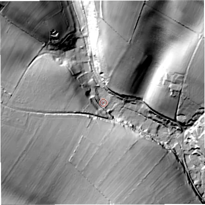 Shaded relief map of the ground around DT27NX, computed from Environment Agency LiDAR. The ground here sits at about 105 m above sea level and falls 47 m across the surrounding 800 m. Surface water reaching this point runs off ground lying to the north-north-east, 38.2 m higher.