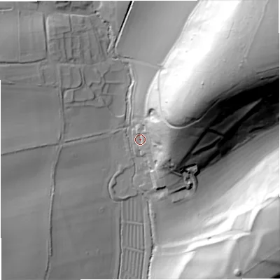 Shaded relief map of the ground around DT27PY, computed from Environment Agency LiDAR. The ground here sits at about 104 m above sea level and falls 100 m across the surrounding 800 m. Surface water reaching this point runs off ground lying to the east-north-east, 38.5 m higher.