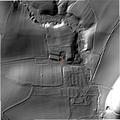 Shaded relief map of the ground around DT27PZ, computed from Environment Agency LiDAR. The ground here sits at about 110 m above sea level and falls 52 m across the surrounding 800 m. Surface water reaching this point runs off ground lying to the north-west, 22.7 m higher.