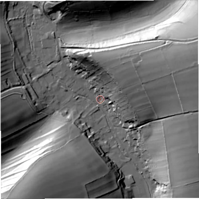 Shaded relief map of the ground around DT27QG, computed from Environment Agency LiDAR. The ground here sits at about 97 m above sea level and falls 48 m across the surrounding 800 m. Surface water reaching this point runs off ground lying to the east-north-east, 46.0 m higher.