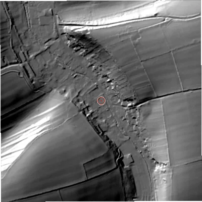 Shaded relief map of the ground around DT27QH, computed from Environment Agency LiDAR. The ground here sits at about 96 m above sea level and falls 49 m across the surrounding 800 m. Surface water reaching this point runs off ground lying to the north-east, 45.9 m higher.