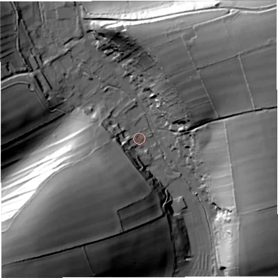 Shaded relief map of the ground around DT27QJ, computed from Environment Agency LiDAR. The ground here sits at about 96 m above sea level and falls 49 m across the surrounding 800 m. Surface water reaching this point runs off ground lying to the south-west, 38.8 m higher.