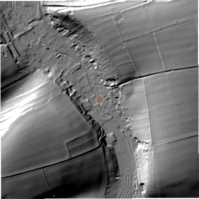 Shaded relief map of the ground around DT27QL, computed from Environment Agency LiDAR. The ground here sits at about 96 m above sea level and falls 51 m across the surrounding 800 m. Surface water reaching this point runs off ground lying to the north-east, 48.6 m higher.