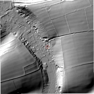 Shaded relief map of the ground around DT27QN, computed from Environment Agency LiDAR. The ground here sits at about 98 m above sea level and falls 53 m across the surrounding 800 m. Surface water reaching this point runs off ground lying to the east-north-east, 39.6 m higher.