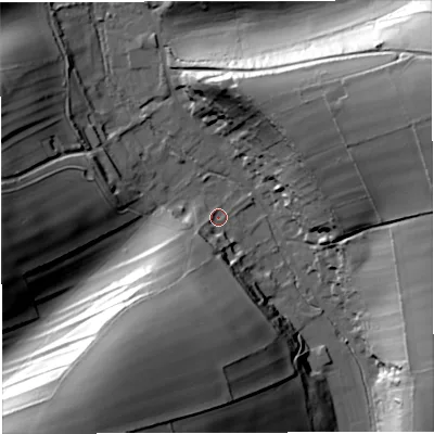 Shaded relief map of the ground around DT27QQ, computed from Environment Agency LiDAR. The ground here sits at about 97 m above sea level and falls 47 m across the surrounding 800 m. Surface water reaching this point runs off ground lying to the south-south-west, 33.9 m higher.