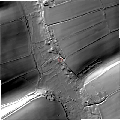 Shaded relief map of the ground around DT27QR, computed from Environment Agency LiDAR. The ground here sits at about 93 m above sea level and falls 41 m across the surrounding 800 m. Surface water reaching this point runs off ground lying to the north-east, 24.3 m higher.