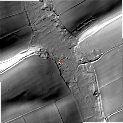 Shaded relief map of the ground around DT27QU, computed from Environment Agency LiDAR. The ground here sits at about 87 m above sea level and falls 52 m across the surrounding 800 m. Surface water reaching this point runs off ground lying to the west-south-west, 36.0 m higher.