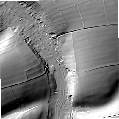 Shaded relief map of the ground around DT27QW, computed from Environment Agency LiDAR. The ground here sits at about 96 m above sea level and falls 52 m across the surrounding 800 m. Surface water reaching this point runs off ground lying to the north-east, 48.5 m higher.
