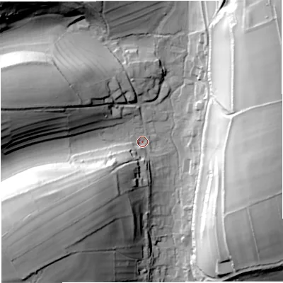 Shaded relief map of the ground around DT27QZ, computed from Environment Agency LiDAR. The ground here sits at about 104 m above sea level and falls 57 m across the surrounding 800 m. Surface water reaching this point runs off ground lying to the south-west, 45.2 m higher.