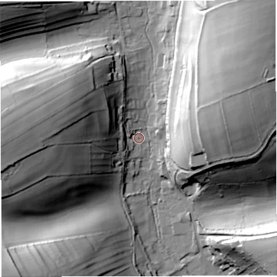 Shaded relief map of the ground around DT27RA, computed from Environment Agency LiDAR. The ground here sits at about 102 m above sea level and falls 55 m across the surrounding 800 m. Surface water reaching this point runs off ground lying to the north-east, 48.6 m higher.