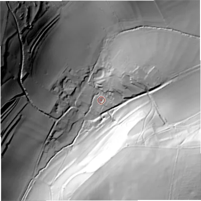 Shaded relief map of the ground around DT27RJ, computed from Environment Agency LiDAR. The ground here sits at about 129 m above sea level and falls 101 m across the surrounding 800 m. Surface water reaching this point runs off ground lying to the north-west, 77.3 m higher.