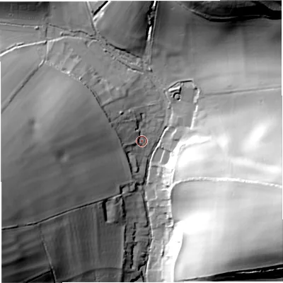 Shaded relief map of the ground around DT27RT, computed from Environment Agency LiDAR. The ground here sits at about 126 m above sea level and falls 61 m across the surrounding 800 m. Surface water reaching this point runs off ground lying to the west-north-west, 8.5 m higher.