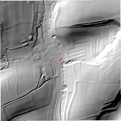 Shaded relief map of the ground around DT27RW, computed from Environment Agency LiDAR. The ground here sits at about 120 m above sea level and falls 77 m across the surrounding 800 m. Surface water reaching this point runs off ground lying to the east, 66.7 m higher.