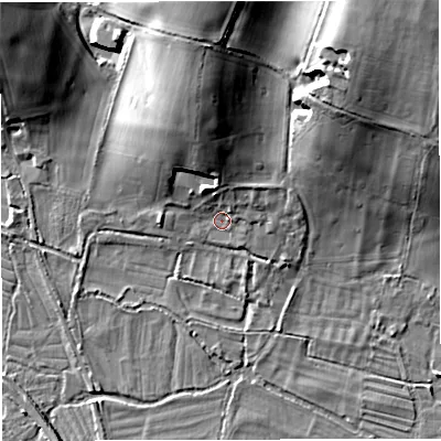 Shaded relief map of the ground around DT27RY, computed from Environment Agency LiDAR. The ground here sits at about 57 m above sea level and falls 22 m across the surrounding 800 m. Surface water reaching this point runs off ground lying to the north-north-west, 8.4 m higher.