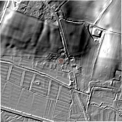 Shaded relief map of the ground around DT27RZ, computed from Environment Agency LiDAR. The ground here sits at about 58 m above sea level and falls 23 m across the surrounding 800 m. Surface water reaching this point runs off ground lying to the north, 19.2 m higher.