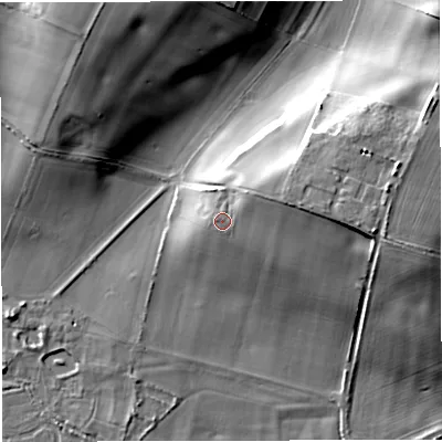 Shaded relief map of the ground around DT27SD, computed from Environment Agency LiDAR. The ground here sits at about 64 m above sea level and falls 23 m across the surrounding 800 m. Surface water reaching this point runs off ground lying to the north-east, 5.3 m higher.