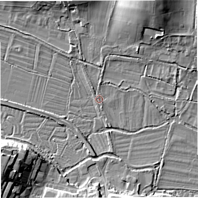 Shaded relief map of the ground around DT27SF, computed from Environment Agency LiDAR. The ground here sits at about 56 m above sea level and falls 22 m across the surrounding 800 m. Surface water reaching this point runs off ground lying to the north-north-west, 7.0 m higher.