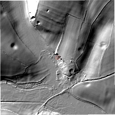Shaded relief map of the ground around DT27SU, computed from Environment Agency LiDAR. The ground here sits at about 64 m above sea level and falls 43 m across the surrounding 800 m. Surface water reaching this point runs off ground lying to the north-east, 26.5 m higher.