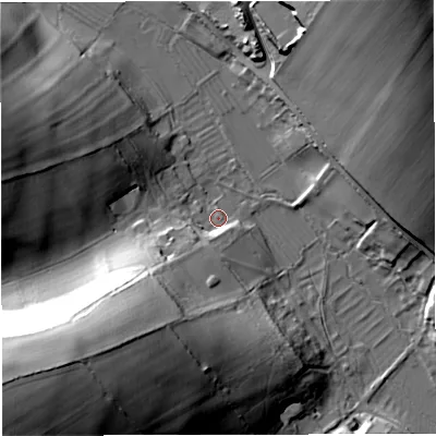 Shaded relief map of the ground around DT27SY, computed from Environment Agency LiDAR. The ground here sits at about 74 m above sea level and falls 48 m across the surrounding 800 m. Surface water reaching this point runs off ground lying to the south-west, 35.0 m higher.