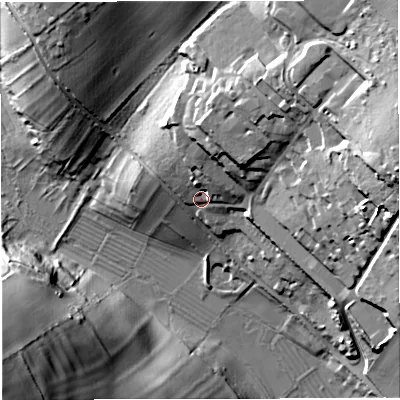 Shaded relief map of the ground around DT27SZ, computed from Environment Agency LiDAR. The ground here sits at about 86 m above sea level and falls 48 m across the surrounding 800 m. Surface water reaching this point runs off ground lying to the north, 7.7 m higher.
