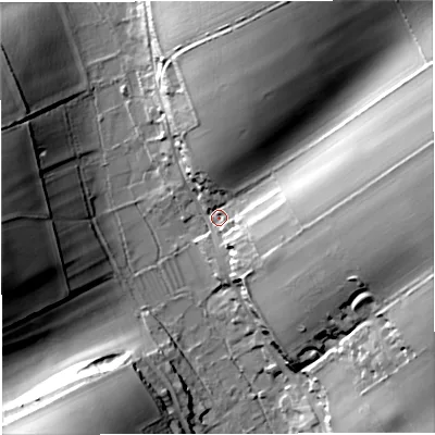 Shaded relief map of the ground around DT27TD, computed from Environment Agency LiDAR. The ground here sits at about 86 m above sea level and falls 37 m across the surrounding 800 m. Surface water reaching this point runs off ground lying to the east-north-east, 32.6 m higher.
