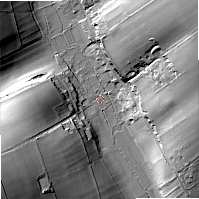 Shaded relief map of the ground around DT27TE, computed from Environment Agency LiDAR. The ground here sits at about 80 m above sea level and falls 45 m across the surrounding 800 m. Surface water reaching this point runs off ground lying to the west, 24.1 m higher.