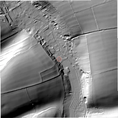 Shaded relief map of the ground around DT27TX, computed from Environment Agency LiDAR. The ground here sits at about 96 m above sea level and falls 51 m across the surrounding 800 m. Surface water reaching this point runs off ground lying to the west-south-west, 41.9 m higher.