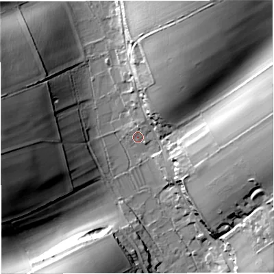 Shaded relief map of the ground around DT27UE, computed from Environment Agency LiDAR. The ground here sits at about 84 m above sea level and falls 41 m across the surrounding 800 m. Surface water reaching this point runs off ground lying to the north-east, 2.6 m higher.