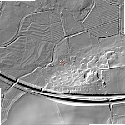 Shaded relief map of the ground around DT28AB, computed from Environment Agency LiDAR. The ground here sits at about 47 m above sea level and falls 24 m across the surrounding 800 m. Surface water reaching this point runs off ground lying to the south-east, 16.0 m higher.