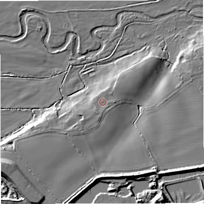 Shaded relief map of the ground around DT28AS, computed from Environment Agency LiDAR. The ground here sits at about 44 m above sea level and falls 15 m across the surrounding 800 m. Surface water reaching this point runs off ground lying to the south-west, 1.8 m higher.