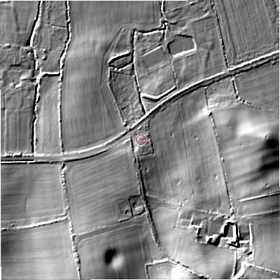 Shaded relief map of the ground around DT28DB, computed from Environment Agency LiDAR. The ground here sits at about 43 m above sea level and falls 28 m across the surrounding 800 m. Surface water reaching this point runs off ground lying to the south-south-west, 4.2 m higher.