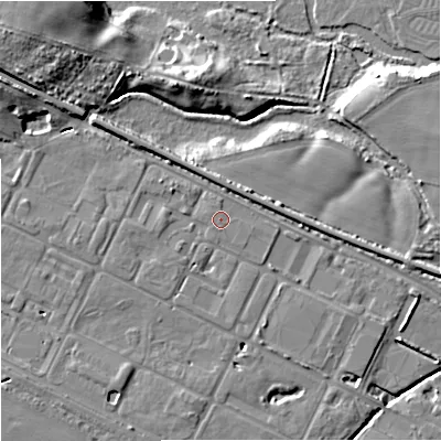 Shaded relief map of the ground around DT28DH, computed from Environment Agency LiDAR. The ground here sits at about 22 m above sea level and falls 15 m across the surrounding 800 m. The ground contributing surface water to this point lies to the west-north-west.