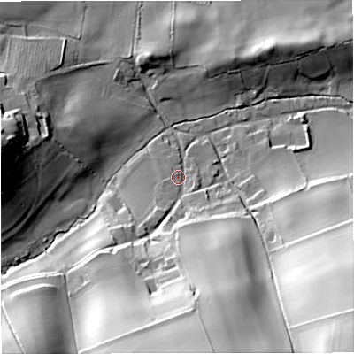 Shaded relief map of the ground around DT28DN, computed from Environment Agency LiDAR. The ground here sits at about 60 m above sea level and falls 61 m across the surrounding 800 m. Surface water reaching this point runs off ground lying to the south, 46.6 m higher.
