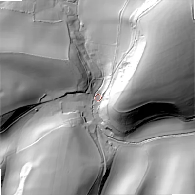 Shaded relief map of the ground around DT28DP, computed from Environment Agency LiDAR. The ground here sits at about 74 m above sea level and falls 75 m across the surrounding 800 m. Surface water reaching this point runs off ground lying to the north-east, 70.4 m higher.