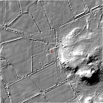 Shaded relief map of the ground around DT28DT, computed from Environment Agency LiDAR. The ground here sits at about 28 m above sea level and falls 20 m across the surrounding 800 m. Surface water reaching this point runs off ground lying to the east-south-east, 11.1 m higher.