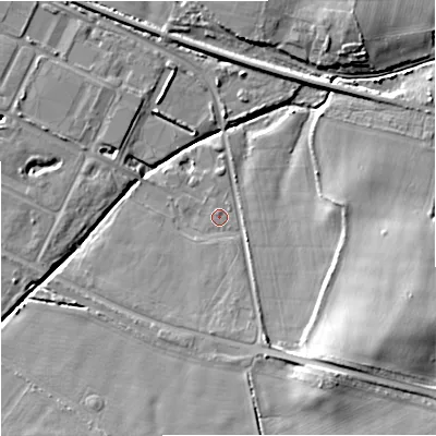 Shaded relief map of the ground around DT28DZ, computed from Environment Agency LiDAR. The ground here sits at about 21 m above sea level and falls 14 m across the surrounding 800 m. Surface water reaching this point runs off ground lying to the south, 3.0 m higher.